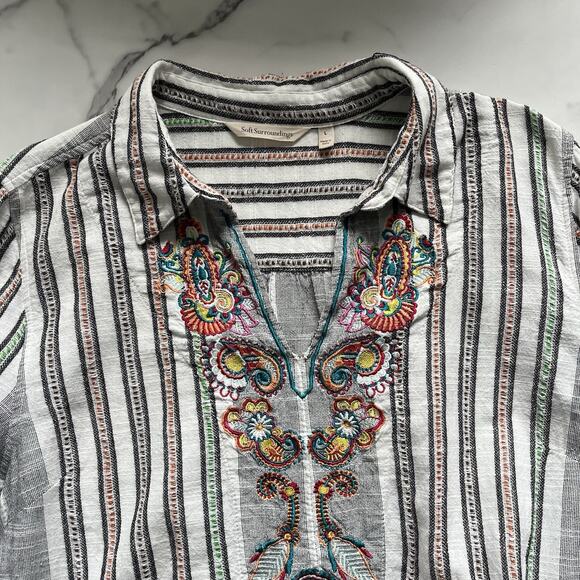 Soft Surrounding Brookhaven Tunic V Neck Floral Embroidered Striped Size L Boho - Picture 6 of 12
